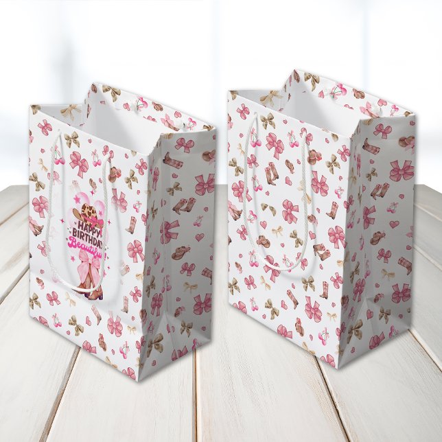 Pink Cowgirl Coquette Happy Birthday Beautiful Medium Gift Bag (Creator Uploaded)