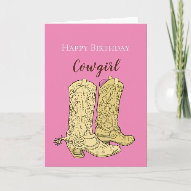 Pink Cowgirl Cowboy Boots Birthday Card (Front)