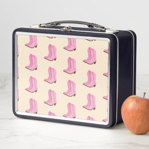 Pink Cowgirl Cowboy Boots Country Texas Ranch Metal Lunch Box