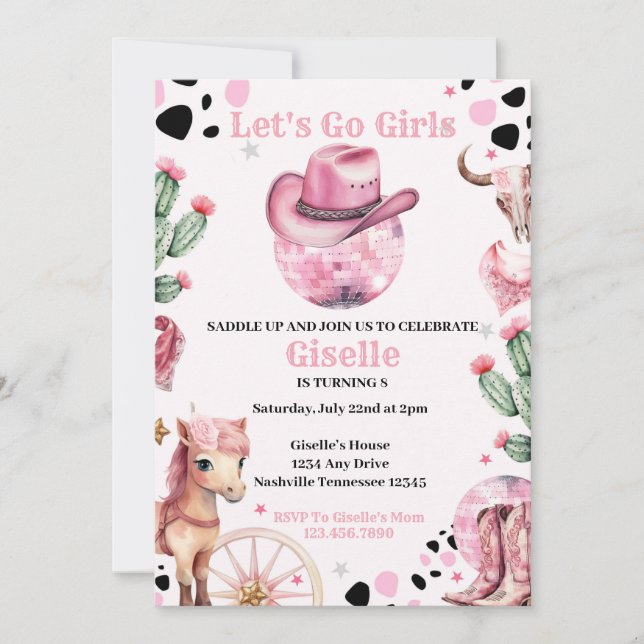 Pink  Cowgirl Disco Birthday  Invitation (Front)