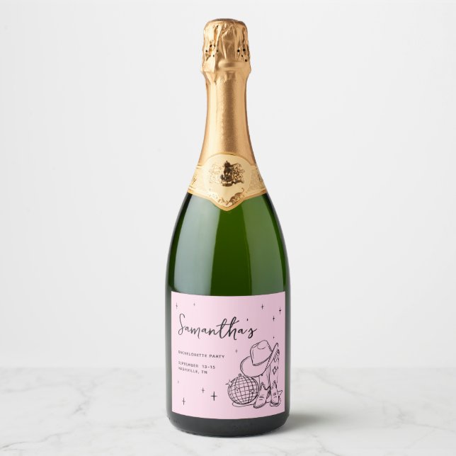 Pink Cowgirl Disco Last Rodeo Bachelorette Party Sparkling Wine Label (Front)