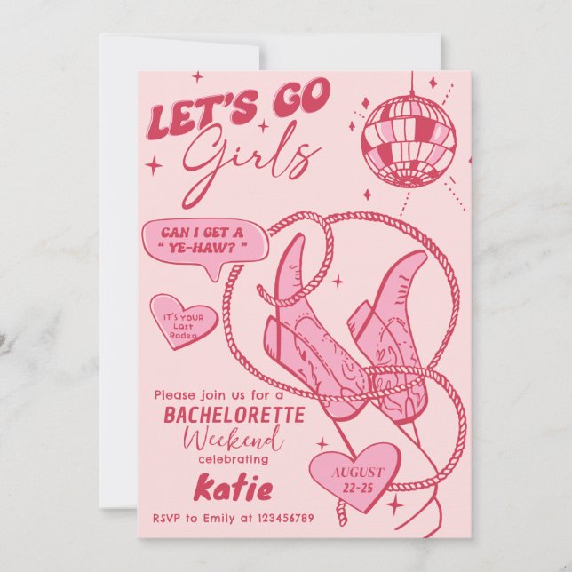 Pink Cowgirl Disco Rodeo Bachelorette Weekend Invitation (Front)