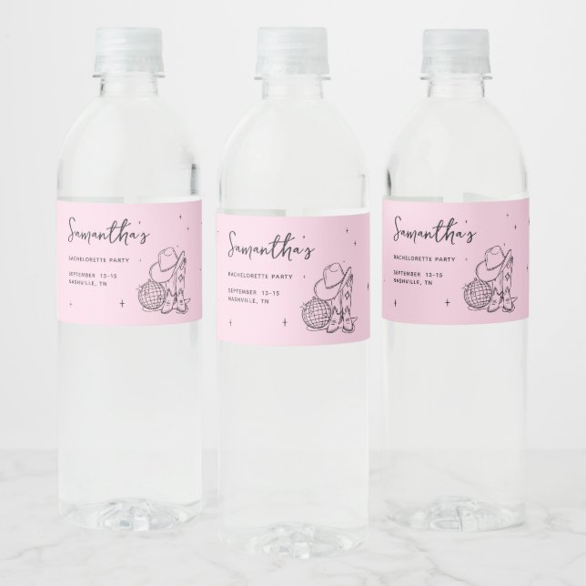 Pink Cowgirl Disco Western Bachelorette Party Water Bottle Label (Bottles)