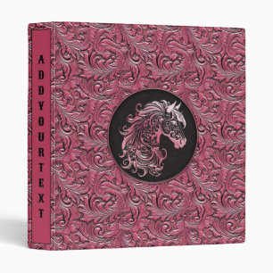 Pink cowgirl floral tooled leather horse head 3 ring binder