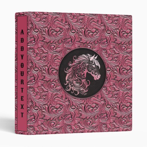 Pink cowgirl floral tooled leather horse head 3 ring binder