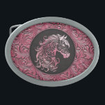 Pink cowgirl floral tooled leather horse head belt buckle<br><div class="desc">Pink cowgirl floral tooled leather design with a floral horse head,  western style leather design. Available in more colors. For horse lovers,  equestrians.</div>