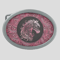 Pink cowgirl floral tooled leather horse head belt buckle