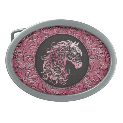Pink cowgirl floral tooled leather horse head belt buckle