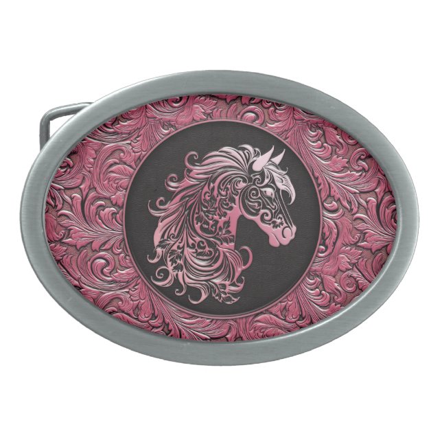 Pink cowgirl floral tooled leather horse head belt buckle (Front)