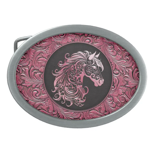 Pink cowgirl floral tooled leather horse head belt buckle  display picture 3