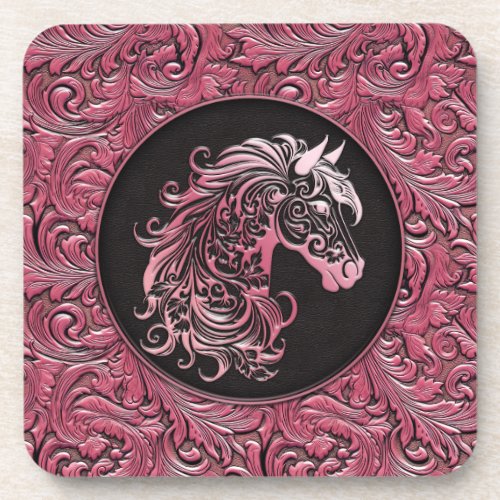Pink cowgirl floral tooled leather horse head beverage coaster