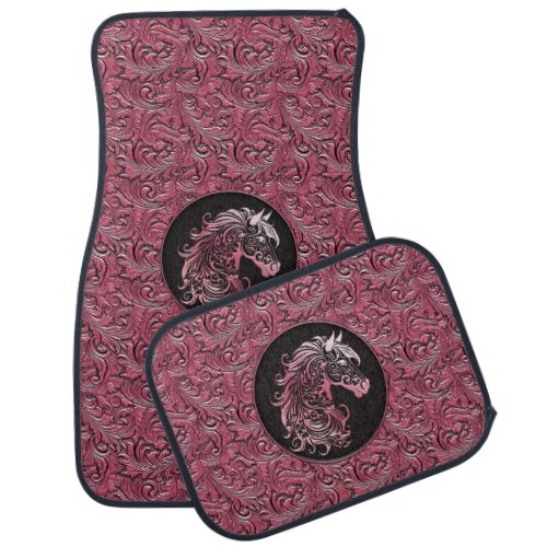 Pink cowgirl floral tooled leather horse head car floor mat