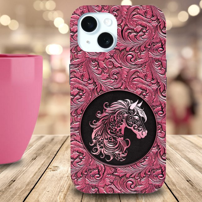 Pink cowgirl floral tooled leather horse head Case-Mate iPhone case (Pink cowgirl floral tooled leather horse head Case-Mate iPhone case)