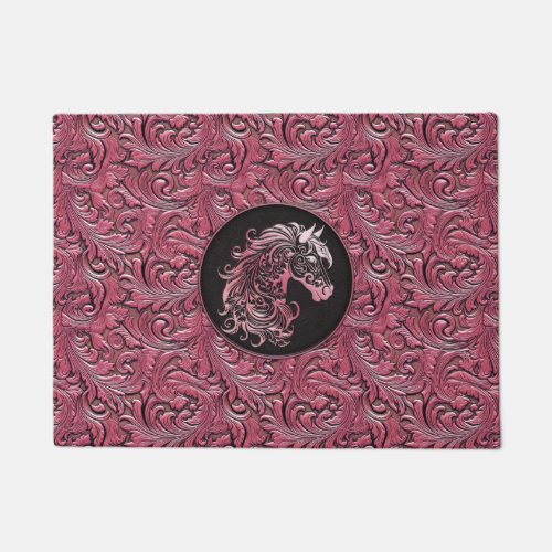 Pink cowgirl floral tooled leather horse head doormat