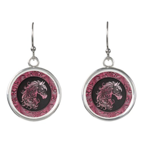Pink cowgirl floral tooled leather horse head earrings