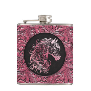 Pink cowgirl floral tooled leather horse head flask