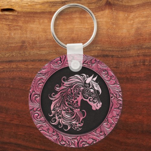 Pink cowgirl floral tooled leather horse head keychain