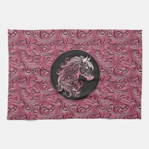 Pink cowgirl floral tooled leather horse head kitchen towel