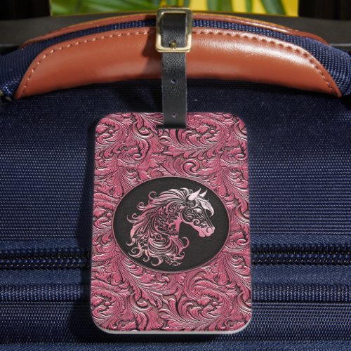 Pink cowgirl floral tooled leather horse head luggage tag