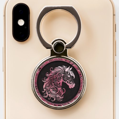 Pink cowgirl floral tooled leather horse head phone ring stand