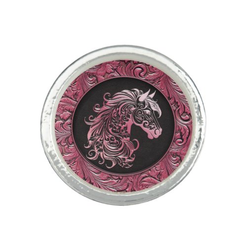 Pink cowgirl floral tooled leather horse head ring