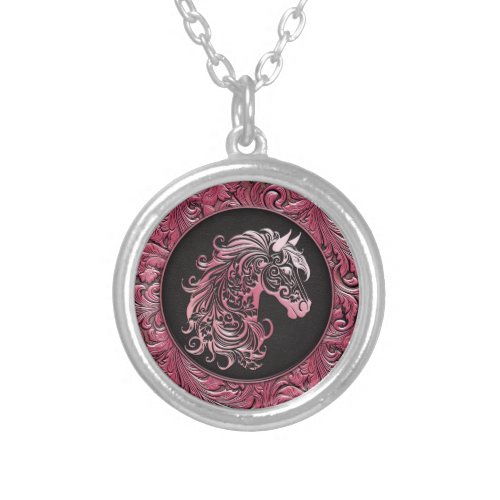 Pink cowgirl floral tooled leather horse head silver plated necklace