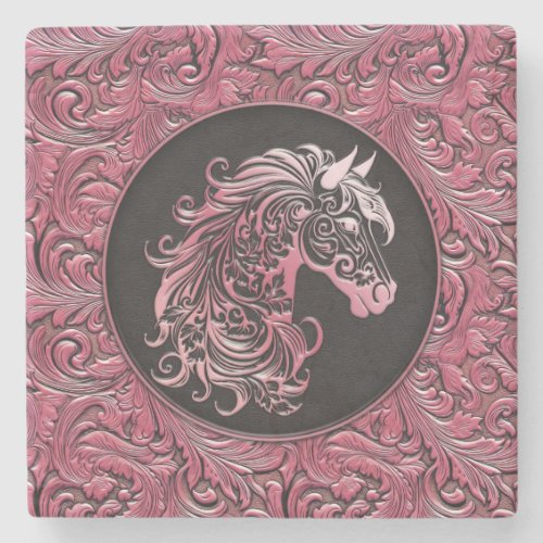 Pink cowgirl floral tooled leather horse head stone coaster