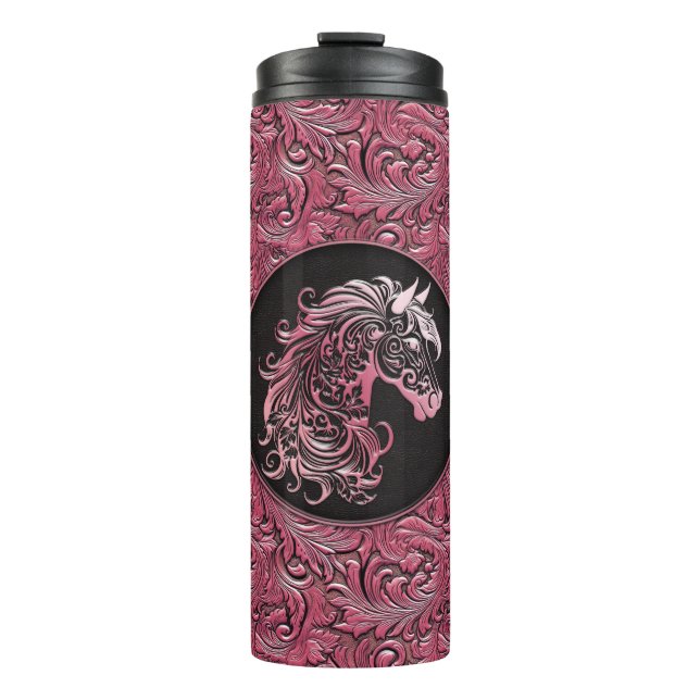 Pink cowgirl floral tooled leather horse head thermal tumbler (Front)