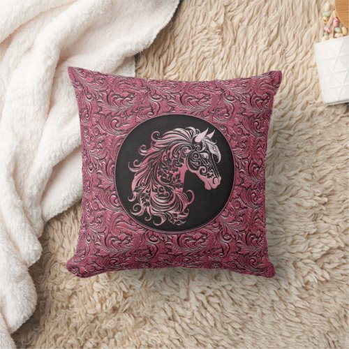 Pink cowgirl floral tooled leather horse head throw pillow