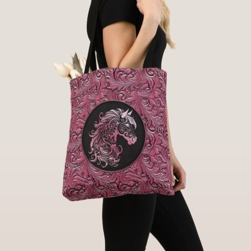 Pink cowgirl floral tooled leather horse head tote bag