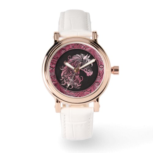 Pink cowgirl floral tooled leather horse head watch