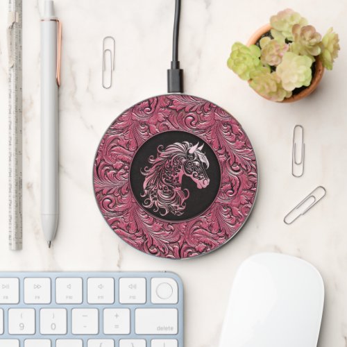 Pink cowgirl floral tooled leather horse head wireless charger 