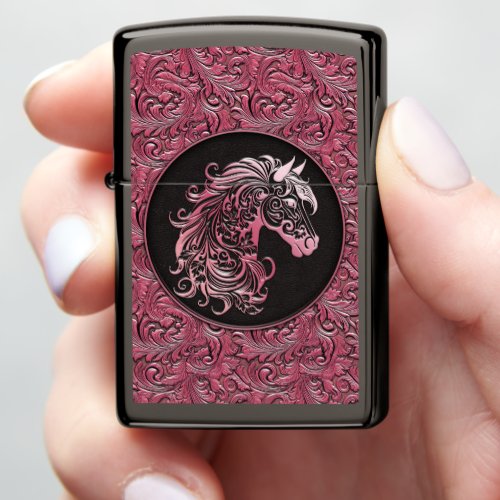 Pink cowgirl floral tooled leather horse head zippo lighter