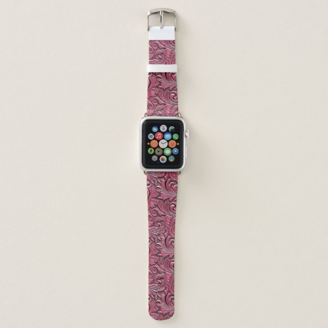 Pink cowgirl floral tooled leather western apple watch band (Front)