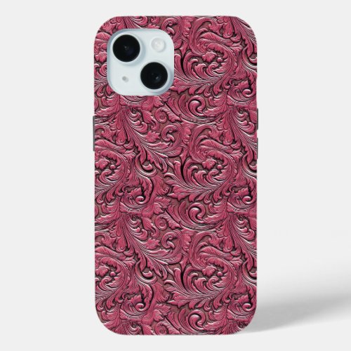Pink cowgirl floral tooled leather western iPhone 15 case