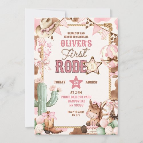 Pink Cowgirl Girl First Rodeo Birthday Invitation