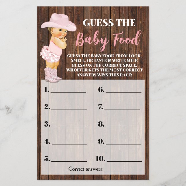 Pink Cowgirl Guess the Baby Food Shower Game Card Flyer (Front)