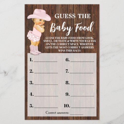 Pink Cowgirl Guess the Baby Food Shower Game Card Flyer