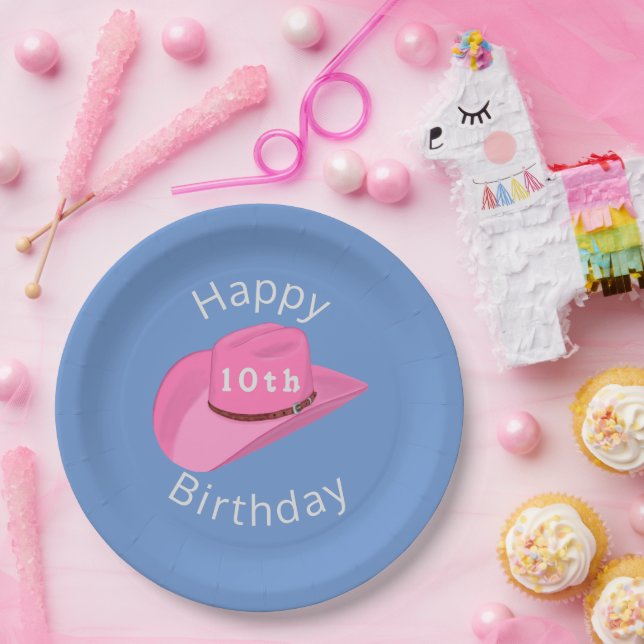 Pink cowgirl hat birthday paper plates (Party)