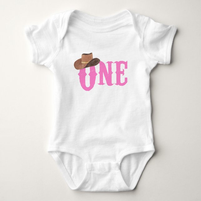 Pink Cowgirl Hat Themed ONE 1st Birthday Baby Bodysuit (Front)