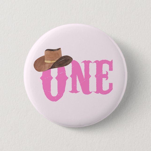 Pink Cowgirl Hat Themed ONE 1st Birthday Button (Front)