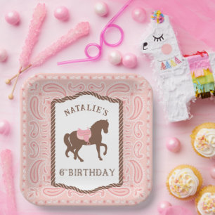 Pink Cowgirl Horse Silhouette 6th Birthday Paper Plates