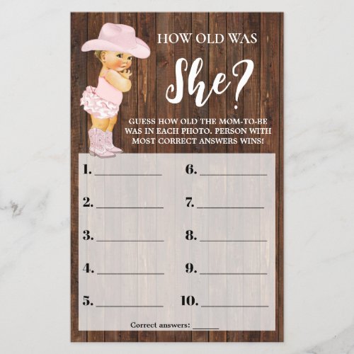 Pink Cowgirl How old was She Baby Shower Game Flyer