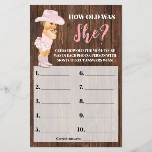 Pink Cowgirl How old was She Baby Shower Game Flyer