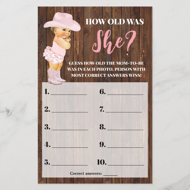Pink Cowgirl How old was She Baby Shower Game Flyer (Front)
