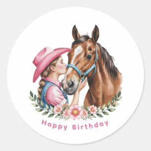 Pink Cowgirl Kissing a Horse Birthday Party Classic Round Sticker