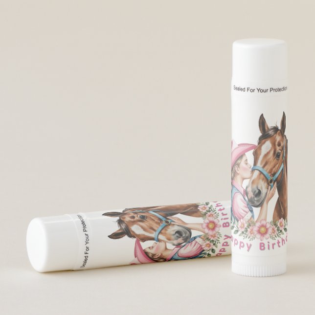 Pink Cowgirl Kissing a Horse Birthday Party Favor Lip Balm (Front)