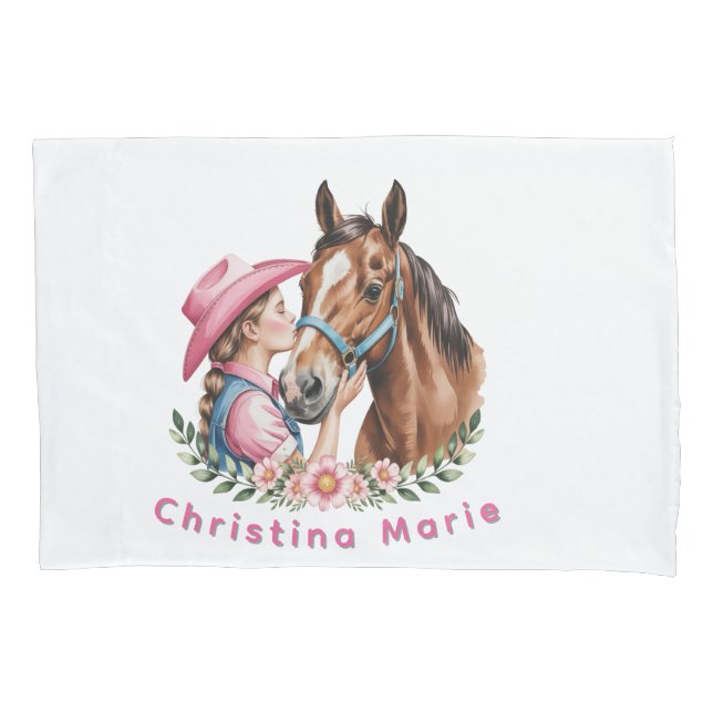 Pink Cowgirl Kissing a Horse Birthday Party Gift Pillow Case (Front)