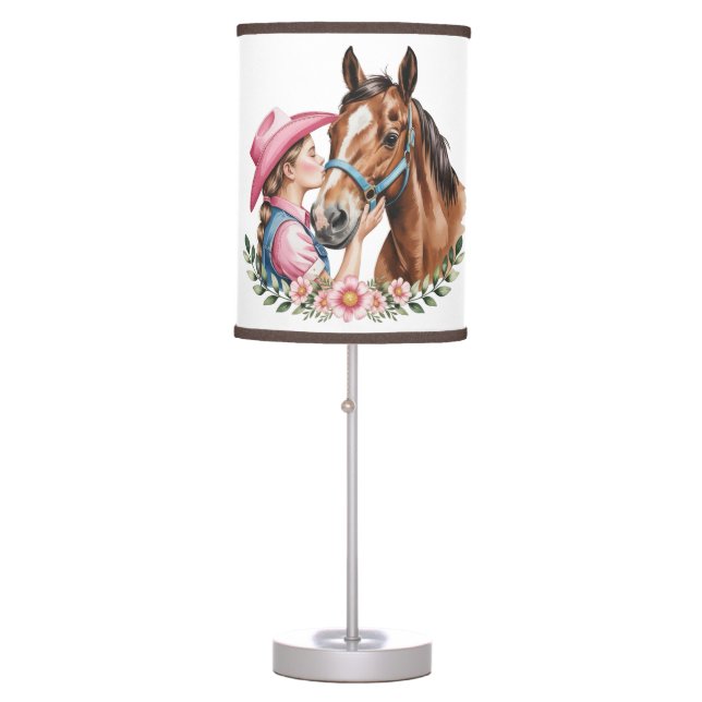 Pink Cowgirl Kissing a Horse Birthday Party Gift Table Lamp (Front)