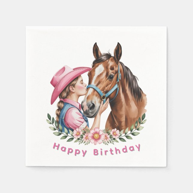 Pink Cowgirl Kissing a Horse Birthday Party Napkins (Front)